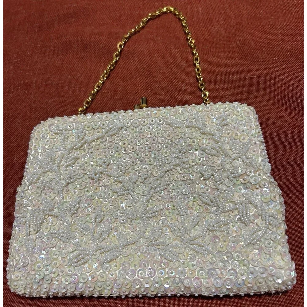 Vintage 50s La Regale Ivory White Beaded Sequin Clutch Bag Purse Gloves Set